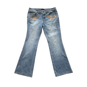 Vintage Y2K Low Rise Bootcut Flare Jeans Light Wash Floral Rhinestone Boho 10